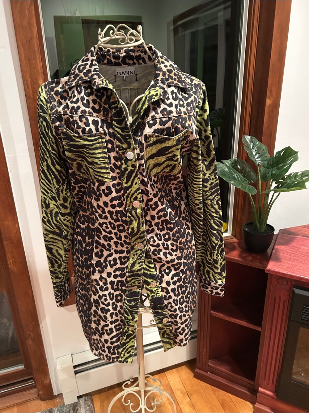 Ganni Leopard & Zebra Print Long Jacket in Green, Brown, Black